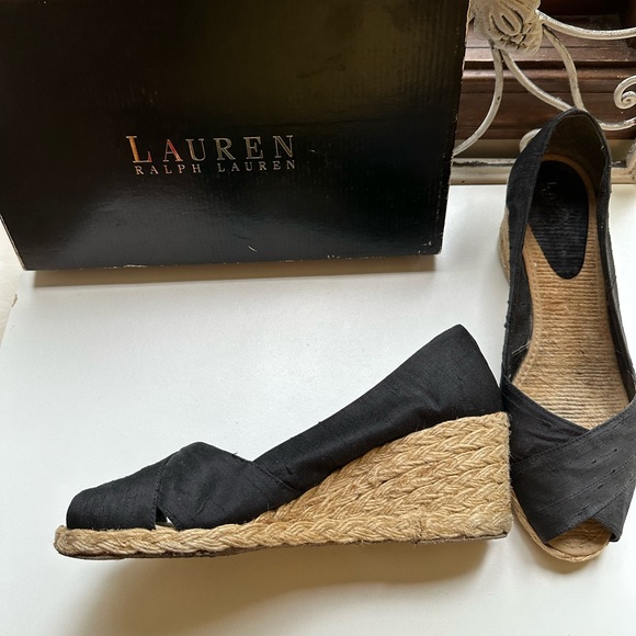 Lauren Ralph Lauren Cecilia Black Shantung Espadrille Wedge Shoes 8.5B - Picture 2 of 6